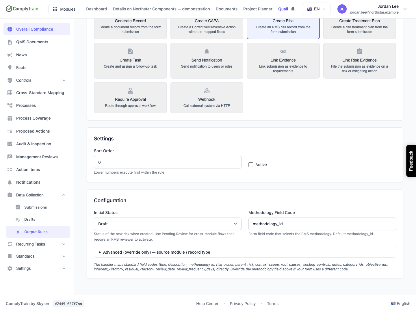 The default state is Draft and the methodology field code is methodology_id. Optional source overrides are inside the collapsed Advanced section.
