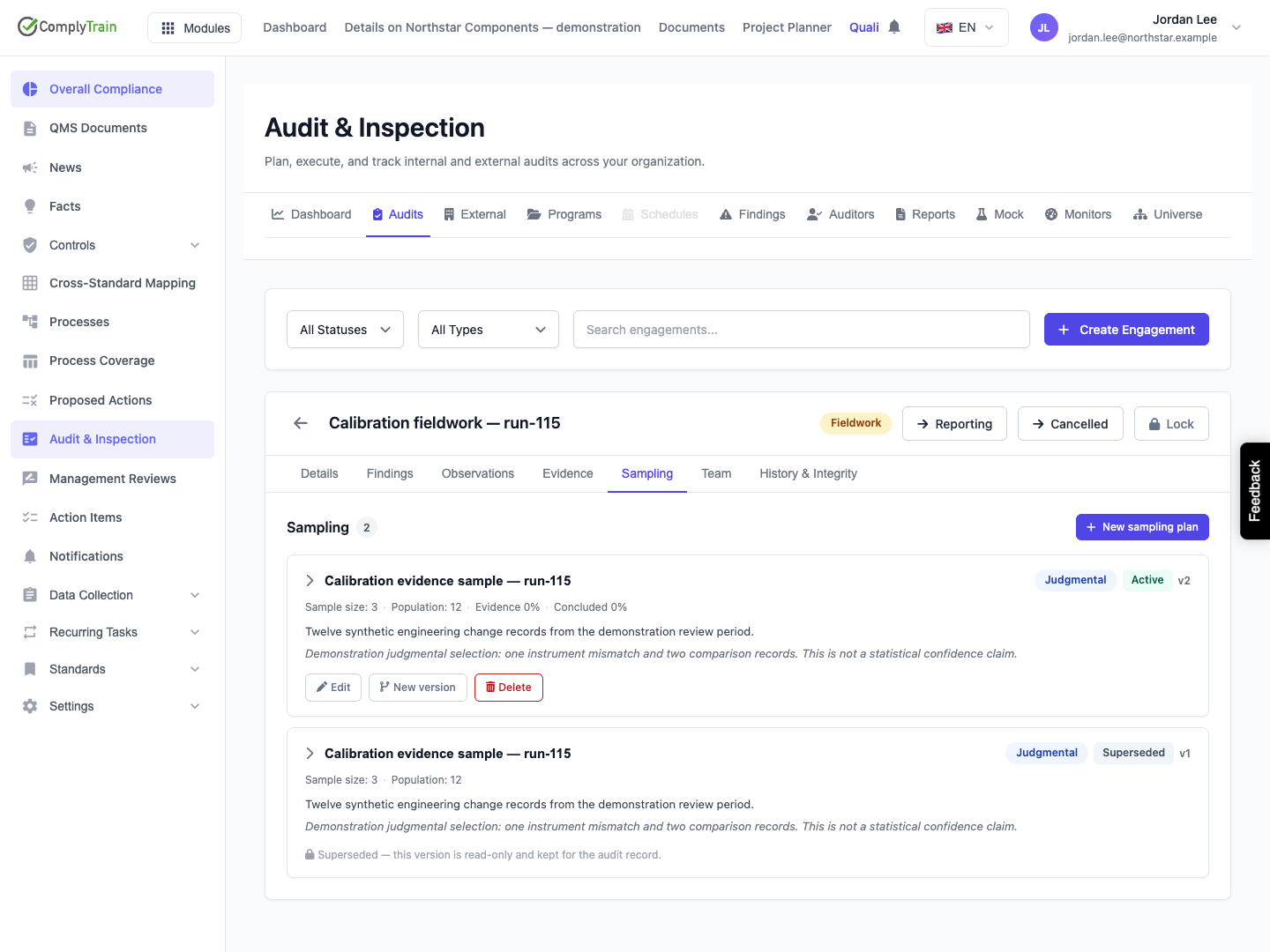 Keep the earlier round and start the next Version 1 is Superseded and read-only. Version 2 is Active with empty collection and pending conclusions, while retaining the plan’s population and rationale.