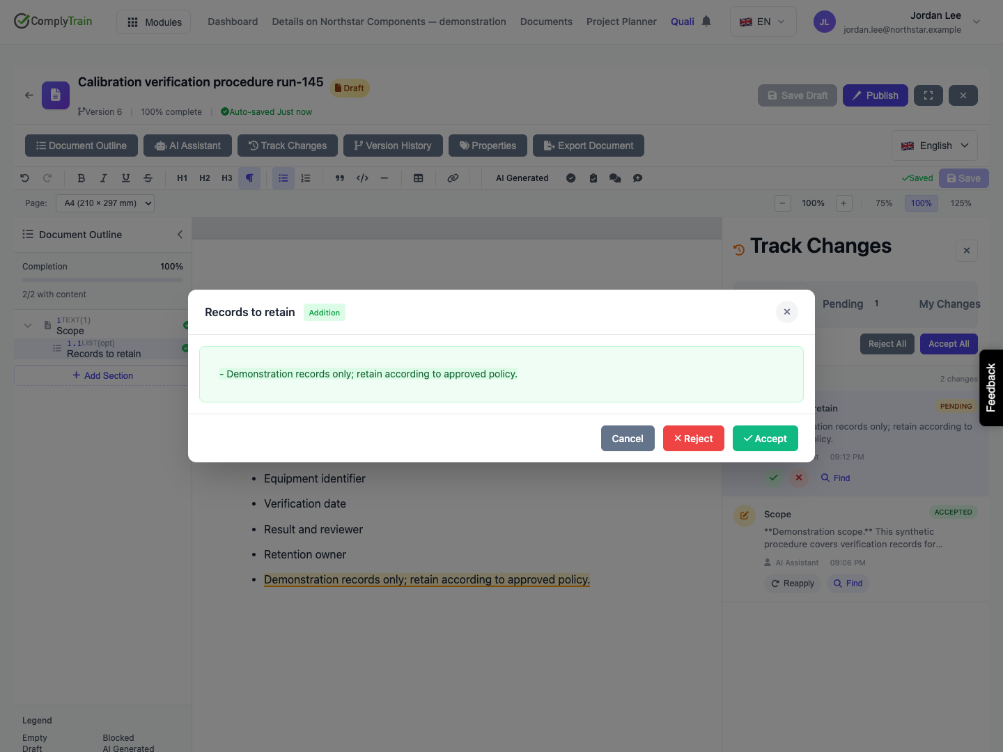 This single-pane comparison offers Cancel, Reject and Accept for the pending bullet.