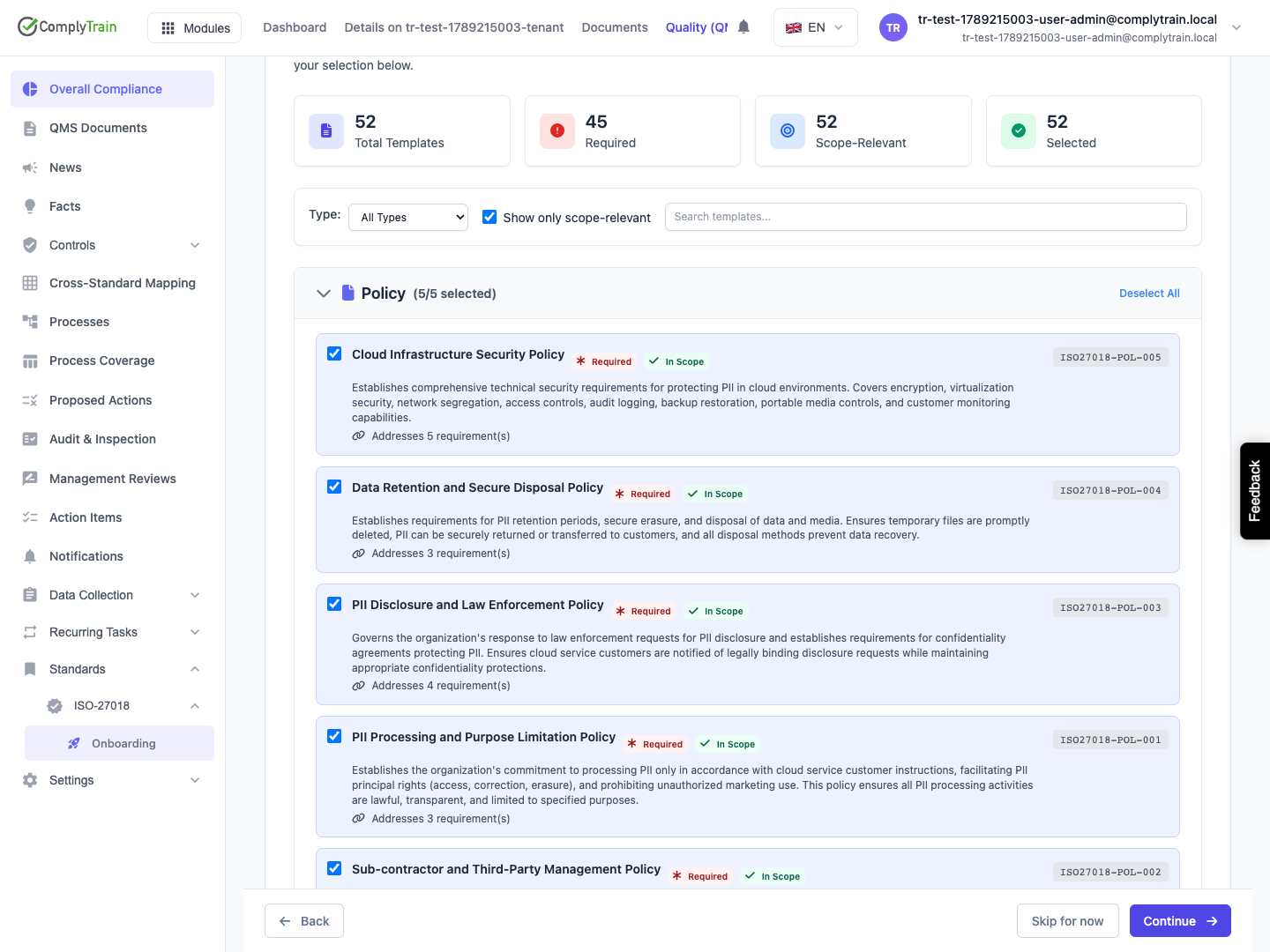 The loaded list contains 52 selected templates in this example, with filters and required markers. Review the selection before provisioning.
