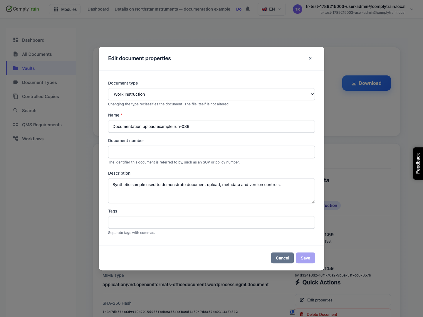 Correct metadata after upload The loaded form offers document type, name, number, description and tags. Changing type reclassifies the record without changing the file; no change is saved here.
