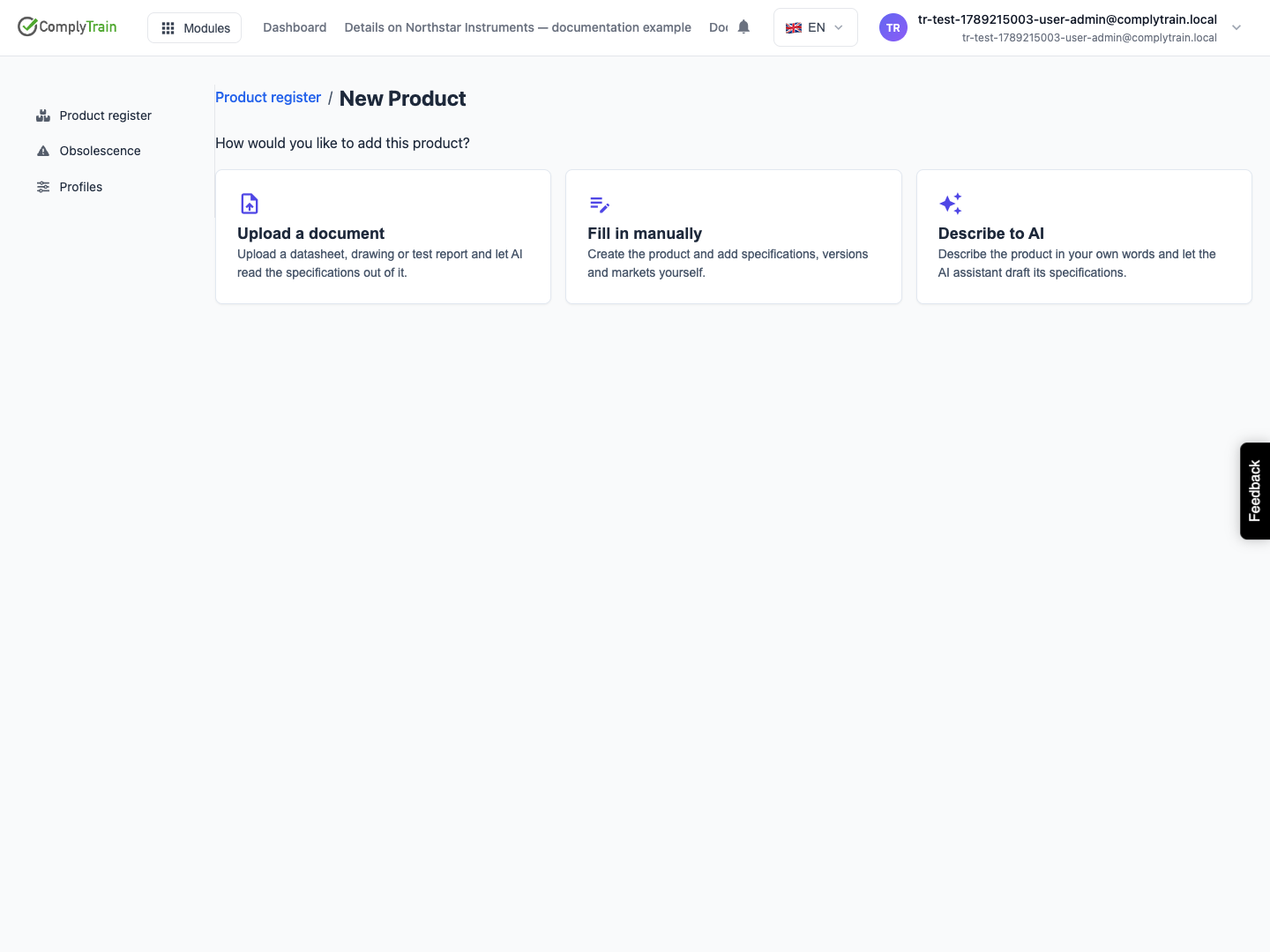 Choose how to create the product Start with a document upload, manual entry or an AI description.