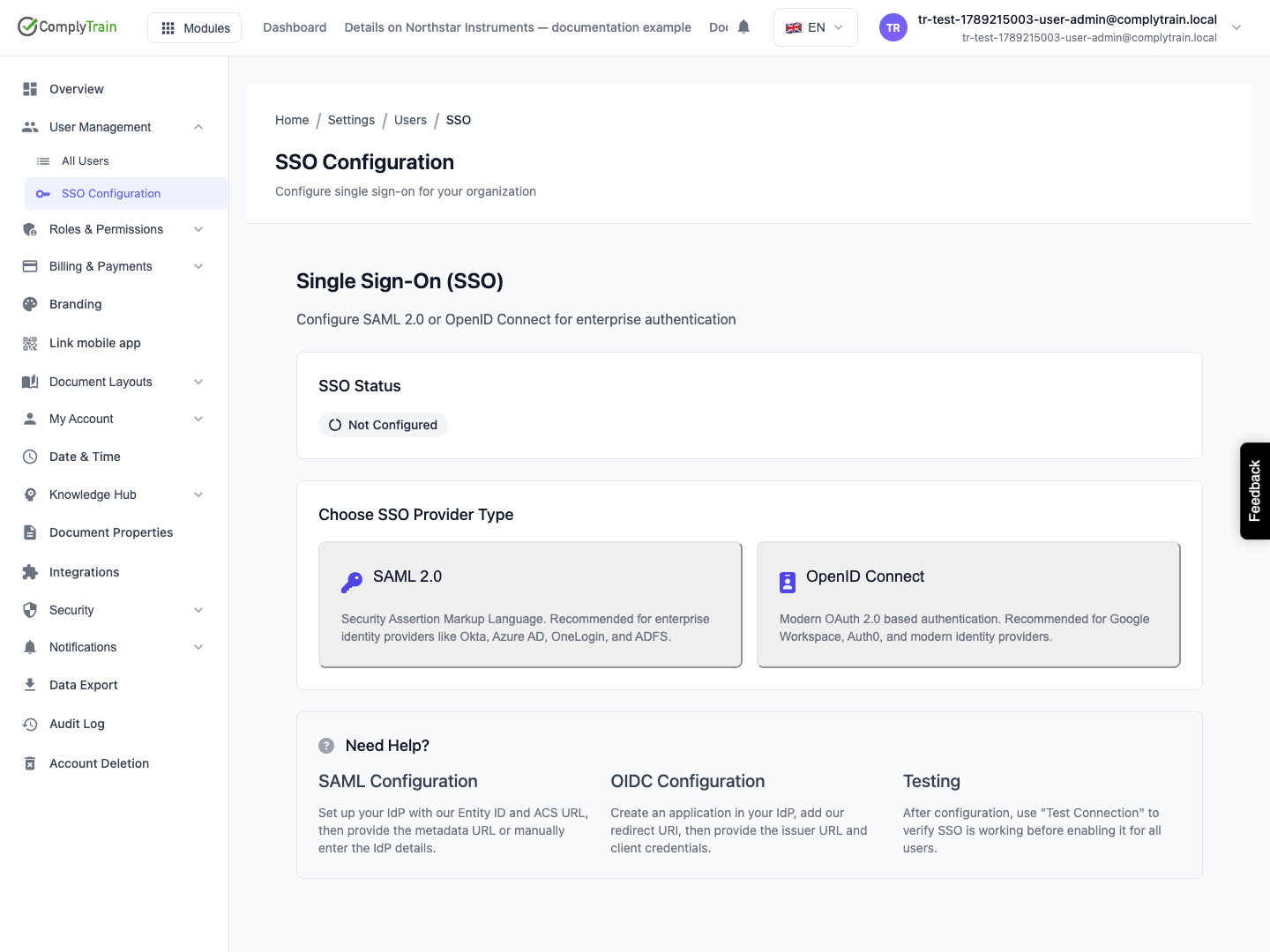 The unconfigured SSO page offers SAML 2.0 and OpenID Connect setup paths.