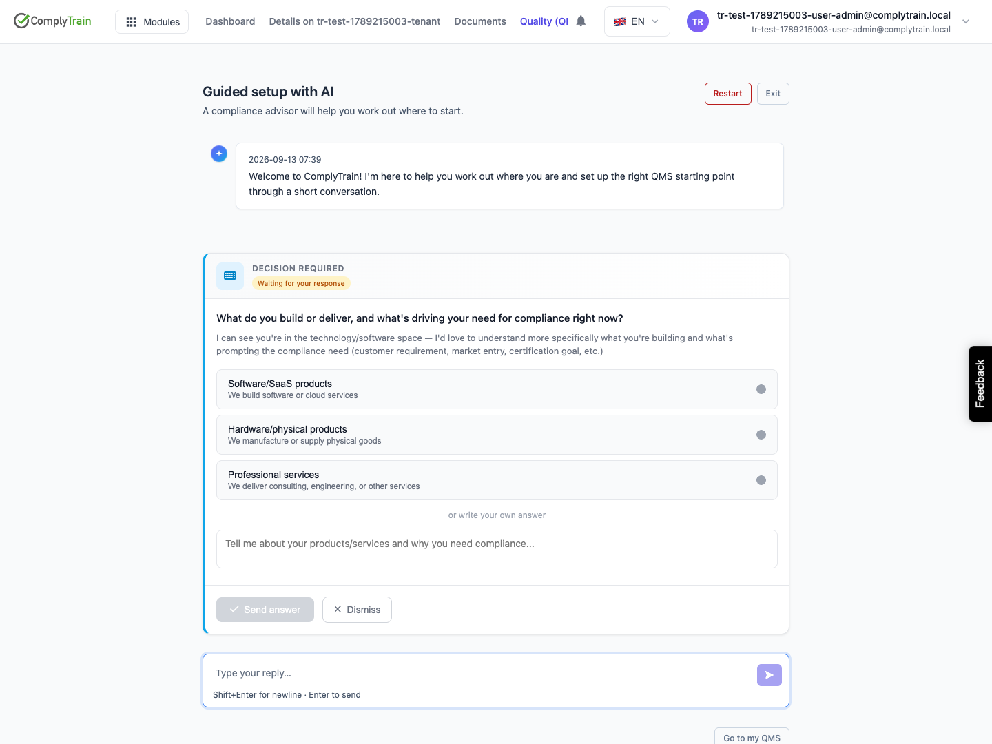 Respond to the AI advisor The live advisor presents an opening question and decision card. The user can choose a suggested answer or explain their circumstances.