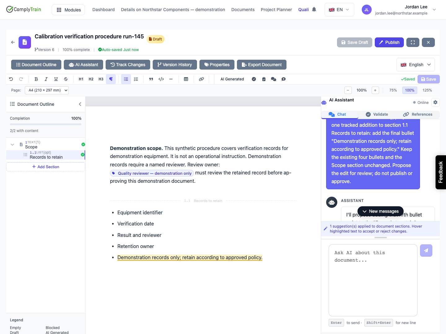 The completed turn adds a suggestion notice and highlights the new bullet. Open Track Changes to inspect the stored proposal; this image does not show the full chat reply.