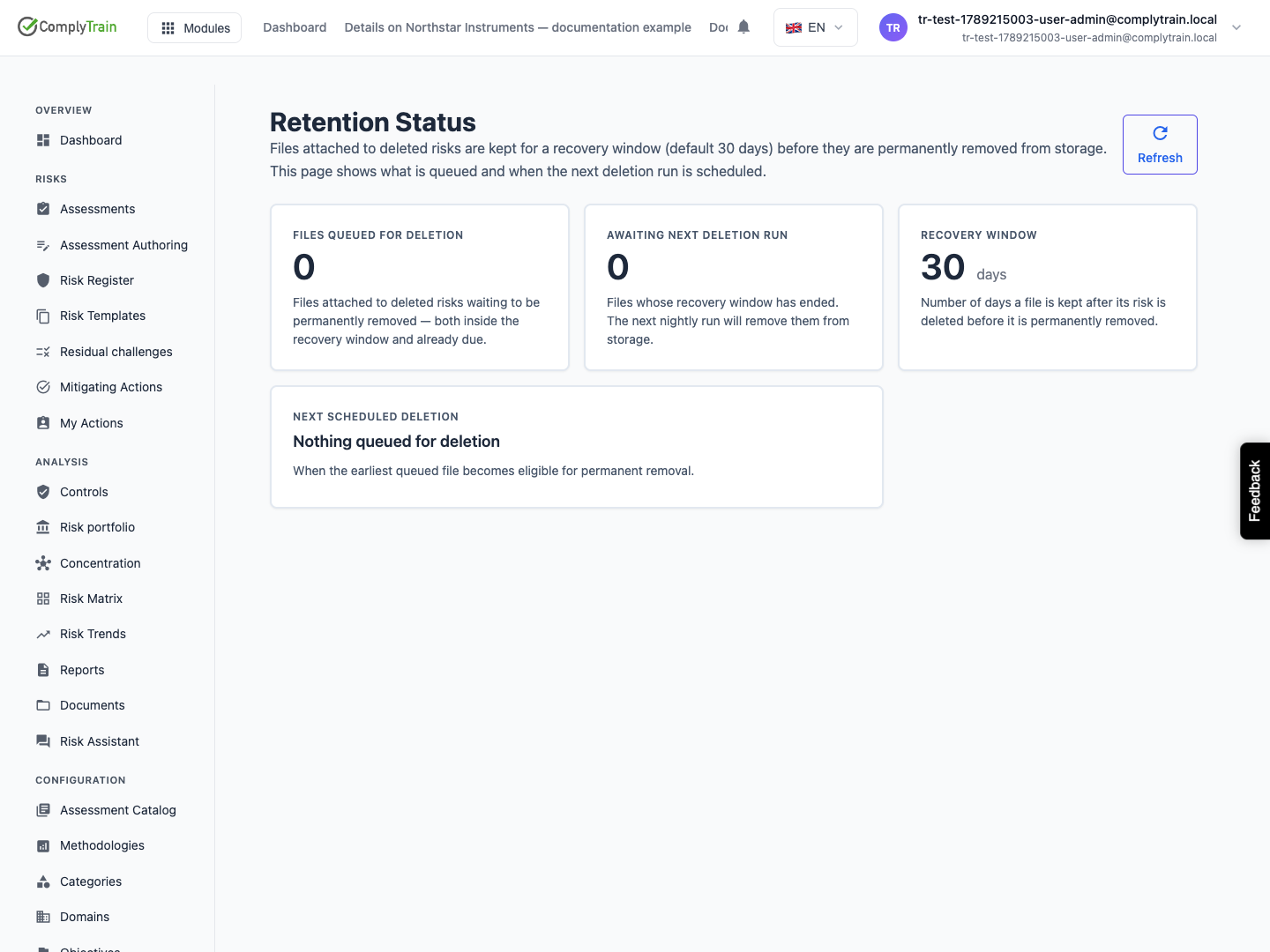Inspect retention without deleting anything This fixture has no queued files. The recovery window, queued count and eligibility are distinct measures.