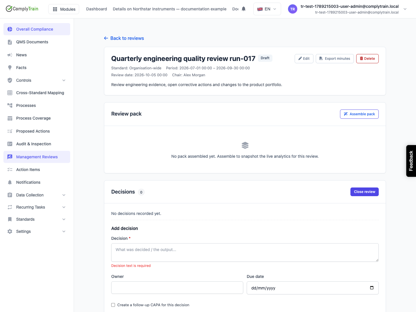 Review the saved draft The new review retains its title and period. Its Draft status does not represent a meeting already held.