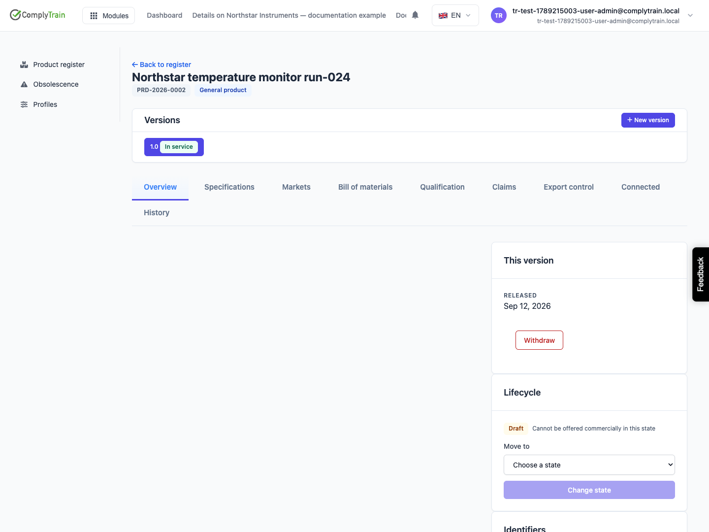 Release the selected configuration Version 1.0 now has an In service badge. The separate profile lifecycle remains Draft.