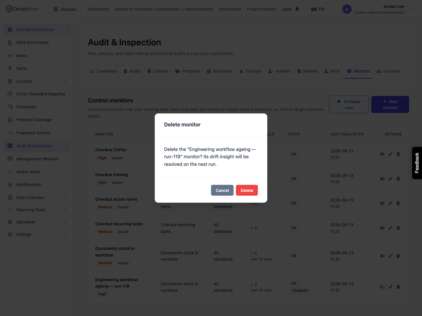 Review deletion before confirming The confirmation names the monitor and describes later insight resolution. This walkthrough selected Cancel and retained the disabled fixture.