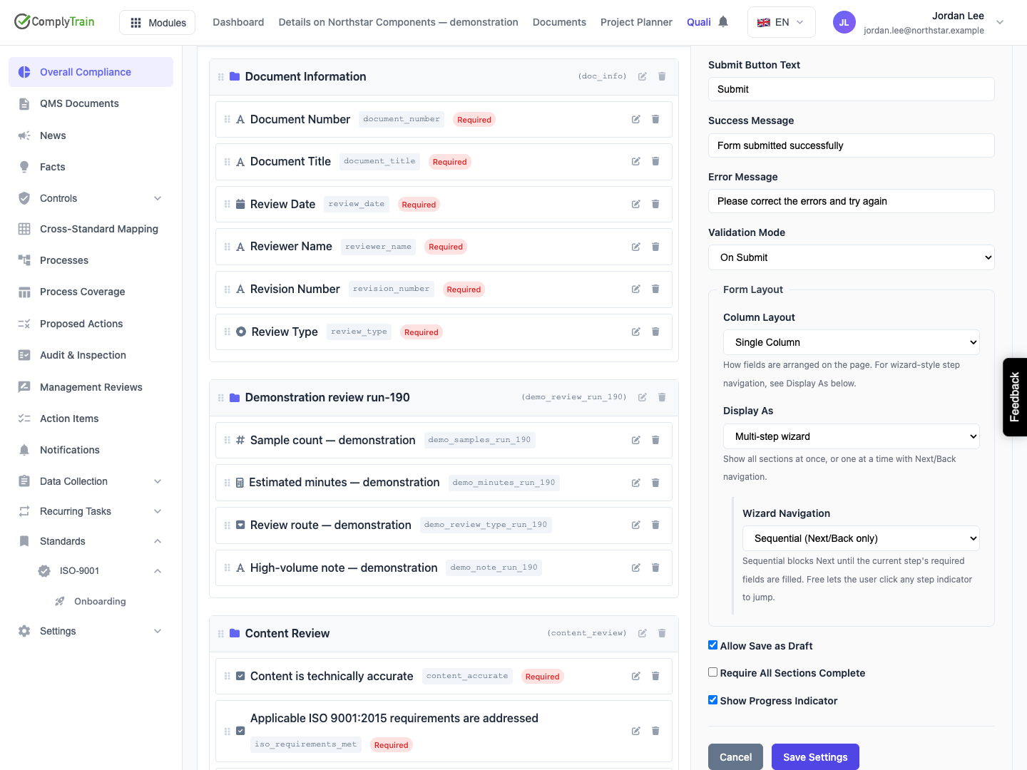 Review the form settings Submission wording, validation timing, layout and response controls are available in Form Settings.