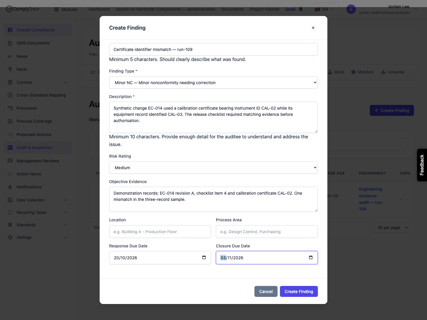 Set distinct response and closure targets The response due date and closure due date serve different review decisions. Optional location and process fields remain visible.