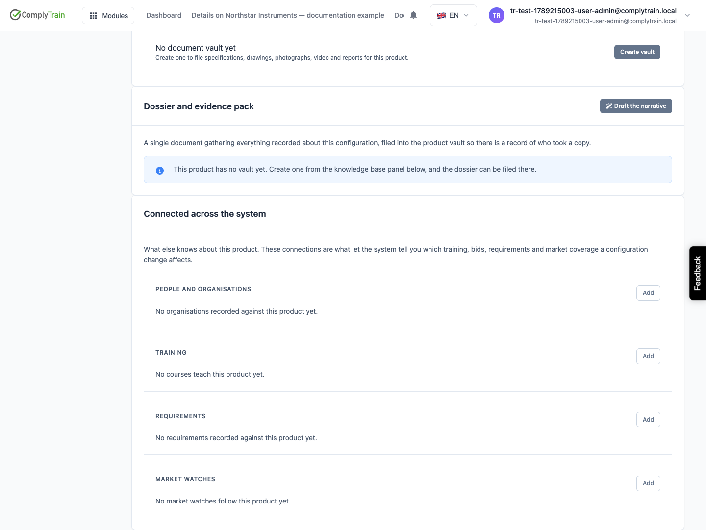 Inspect cross-system links The example has no linked organisations, courses, requirements or market watches. These connections support later impact review.