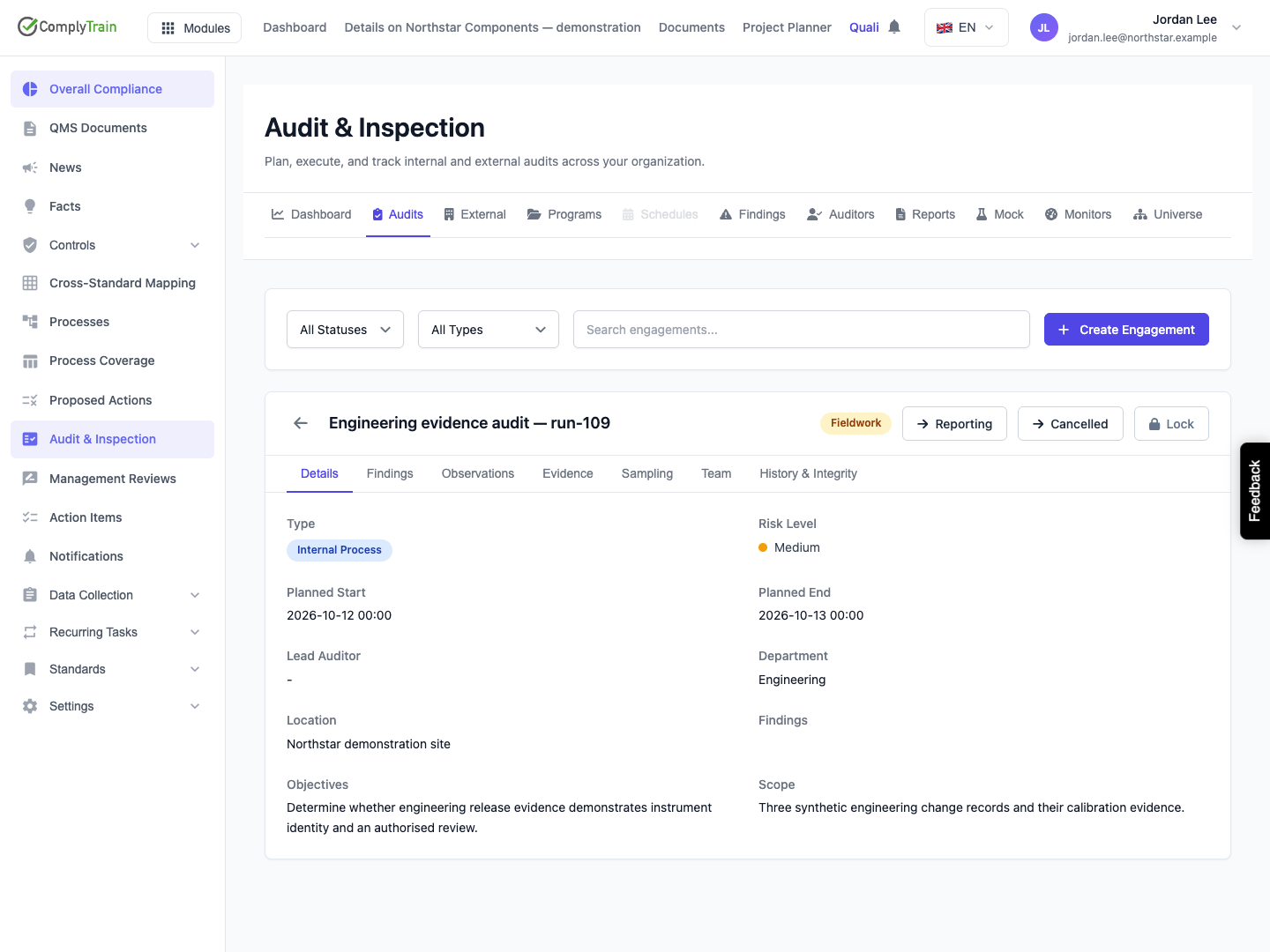 Read the actual engagement state The UI transition saved Fieldwork. The displayed state is not proof that evidence has been collected or a report issued.