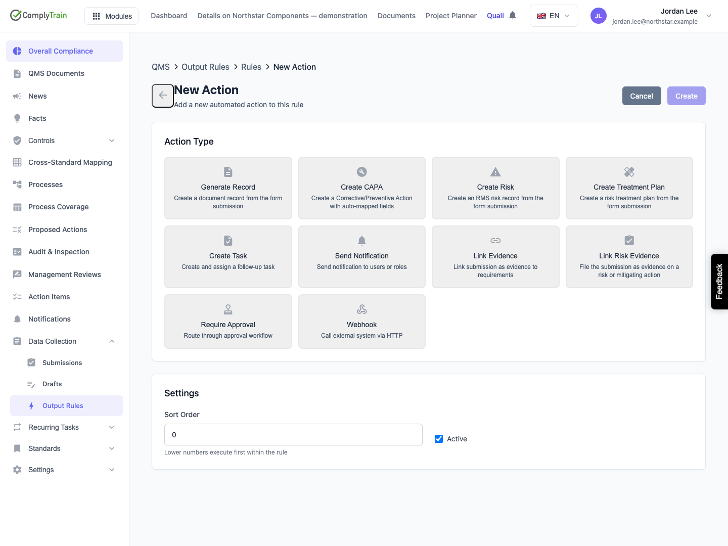 Choose an action type Choose the action for the result you need, then configure its destination and mappings. The selector offers ten action types.