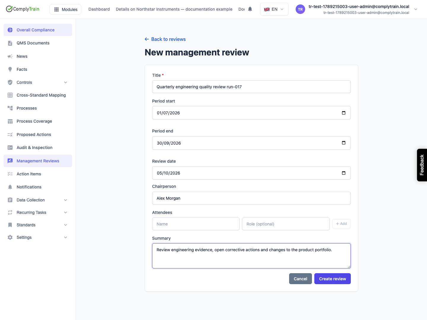 Set the period and meeting details The reporting period and planned meeting date are separate fields. The example is ready to create.