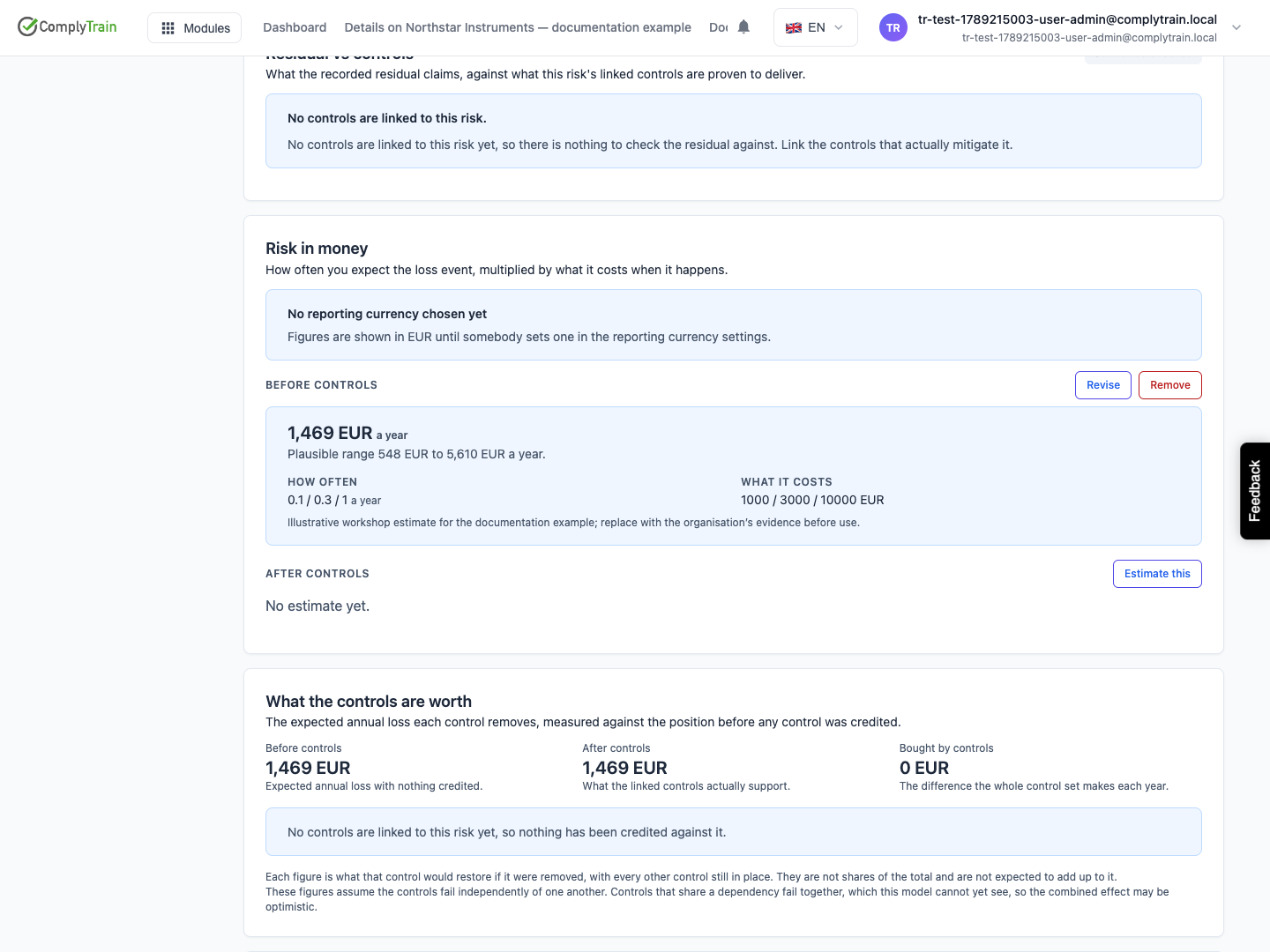 The saved example displays EUR 1,469 a year before controls. There is no after-controls estimate and no linked control evidence; no reduction is credited.