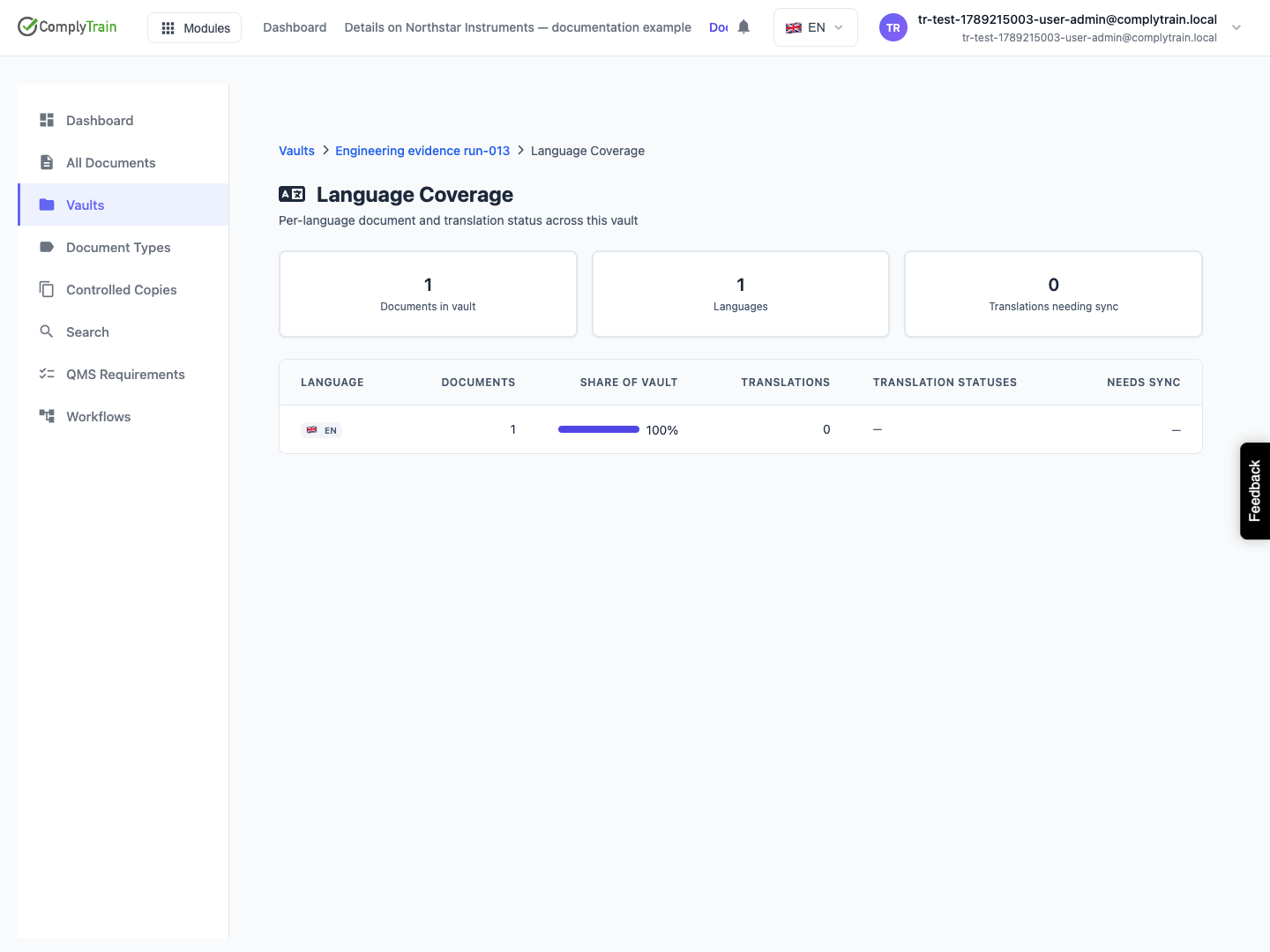 Read source and translation counts separately This vault contains one English document and no translations. A 100% share of the vault does not mean all supported product languages have translations.