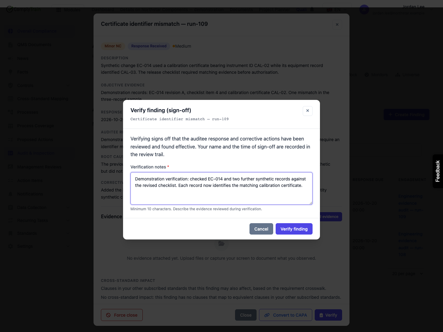 Record the basis for verification The sign-off dialog asks for meaningful verification notes. It does not collect a signing password.