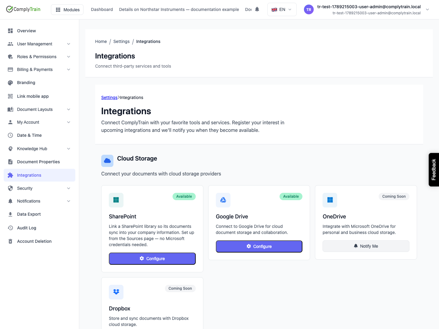 Identify available and upcoming connections SharePoint and Google Drive offer Configure. OneDrive and Dropbox are listed as coming soon in this release.
