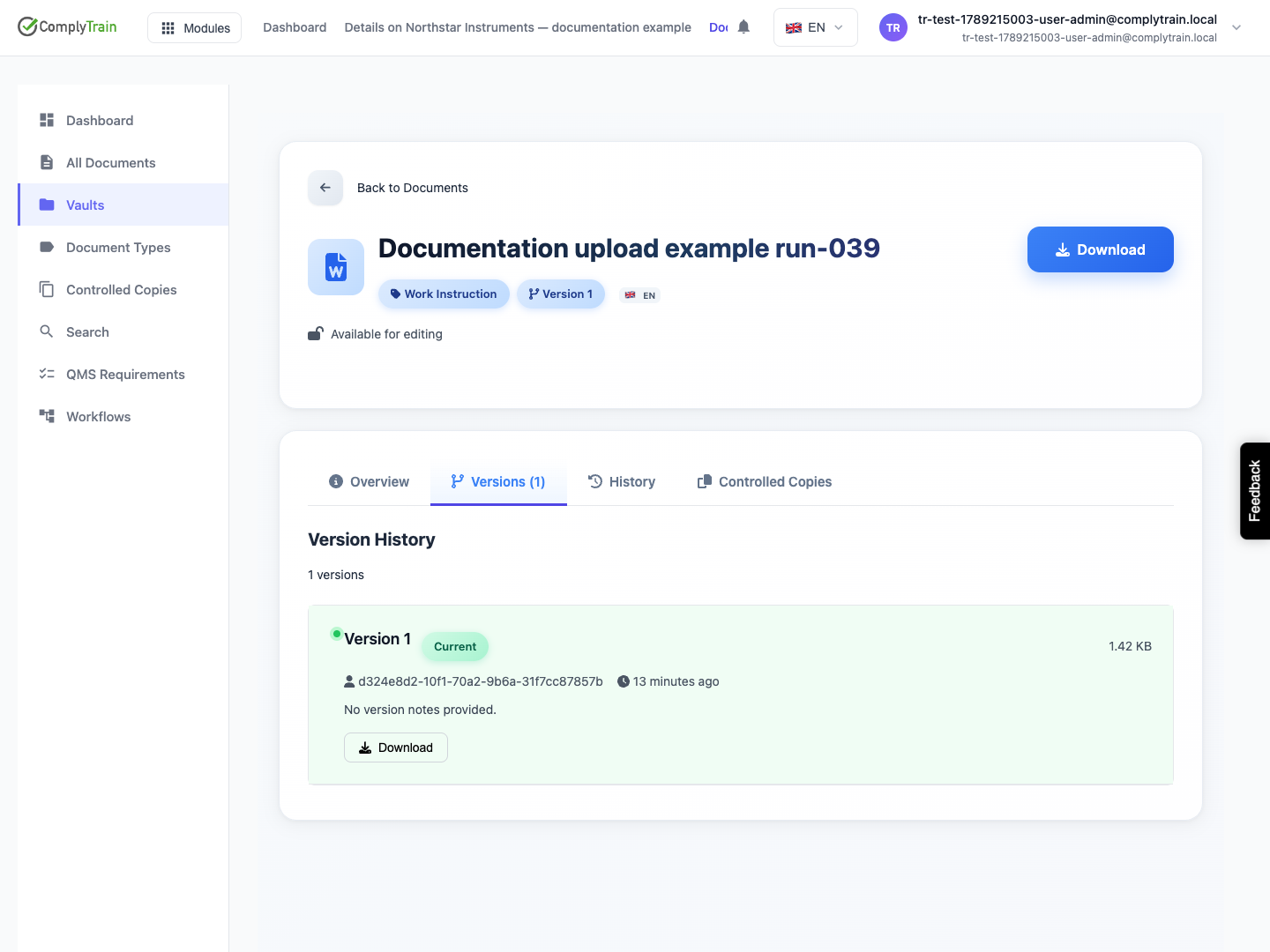 Inspect a version-specific file record The current version of the synthetic Work Instruction appears with its file size and download action. No later revision exists in this example.