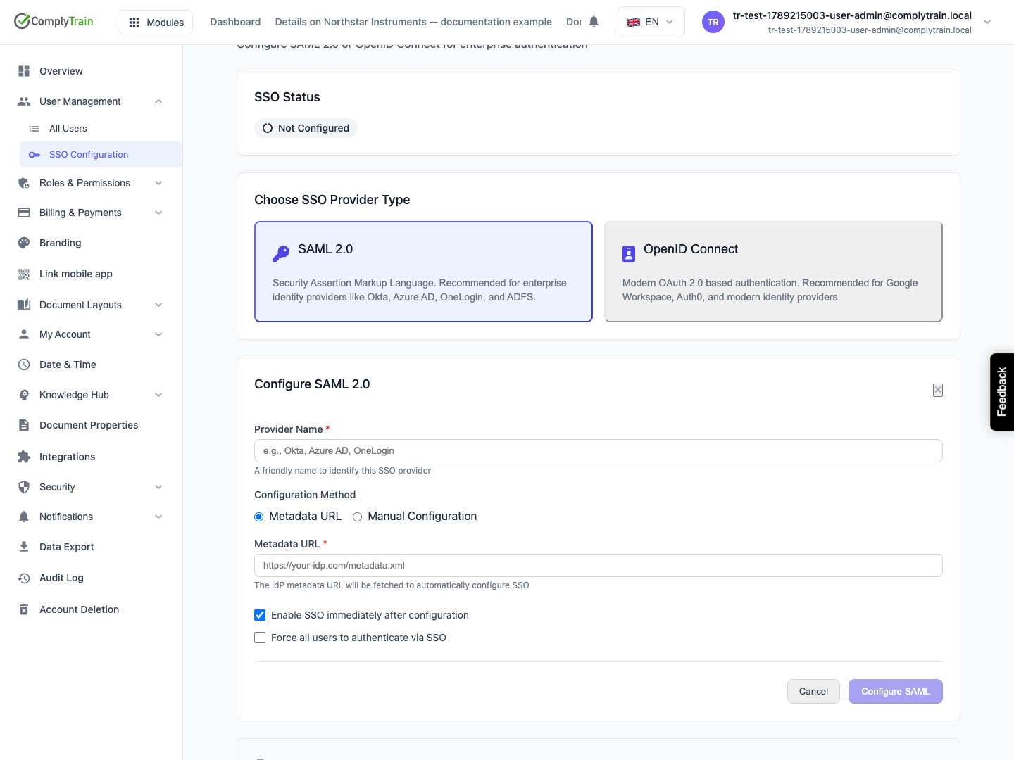 The SAML form accepts a metadata URL or manual configuration. Enabling SSO and forcing every user through SSO are separate choices; nothing is saved.