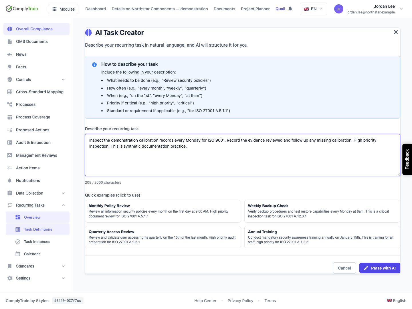 Describe one concrete recurring obligation The input names the Monday activity, evidence review and standard context. Parse with AI creates a proposal first.