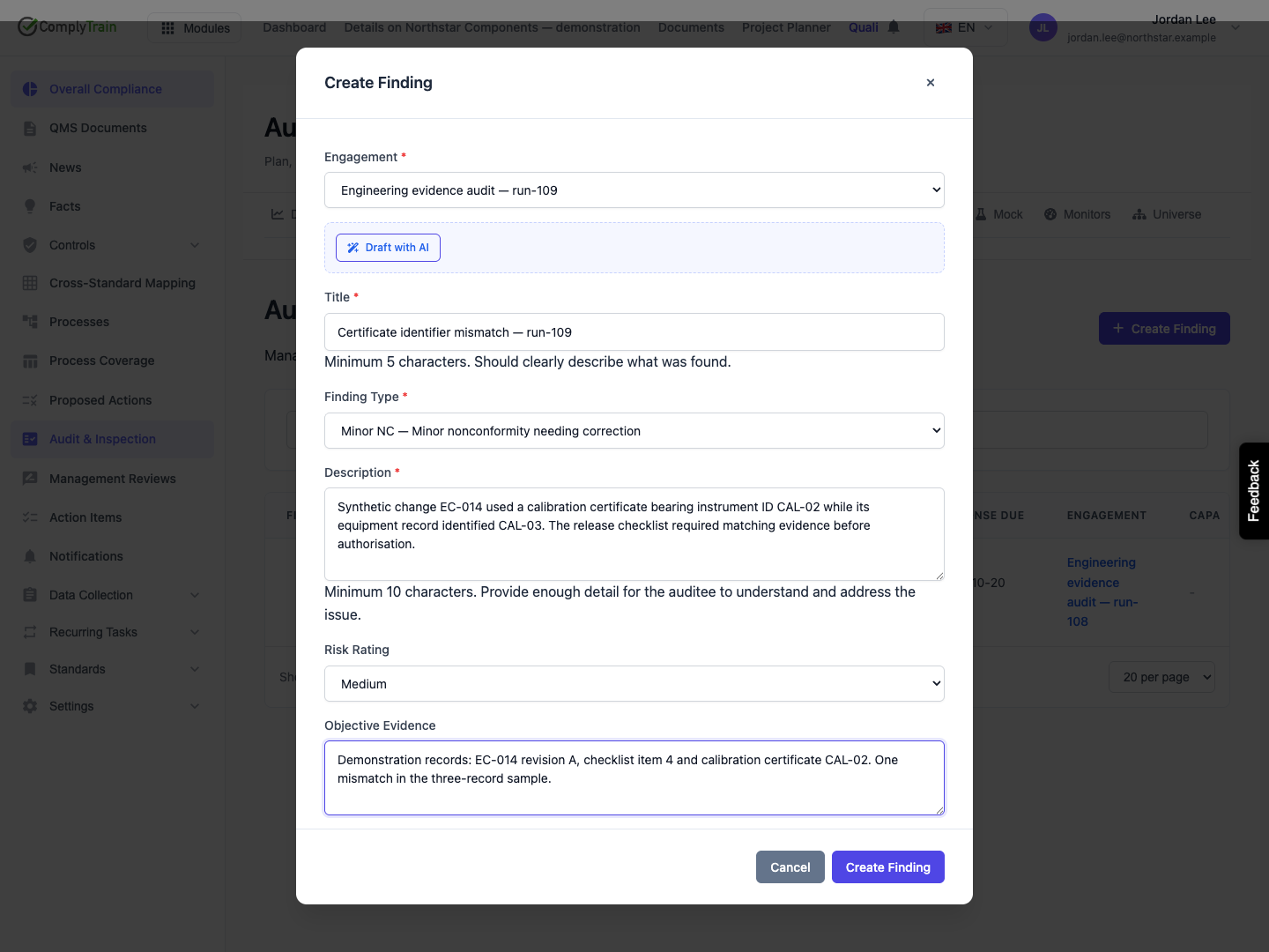 Describe the requirement and observed condition The finding identifies the synthetic certificate mismatch and the records supporting it. Objective Evidence is text; no evidence file is attached in this lifecycle example.