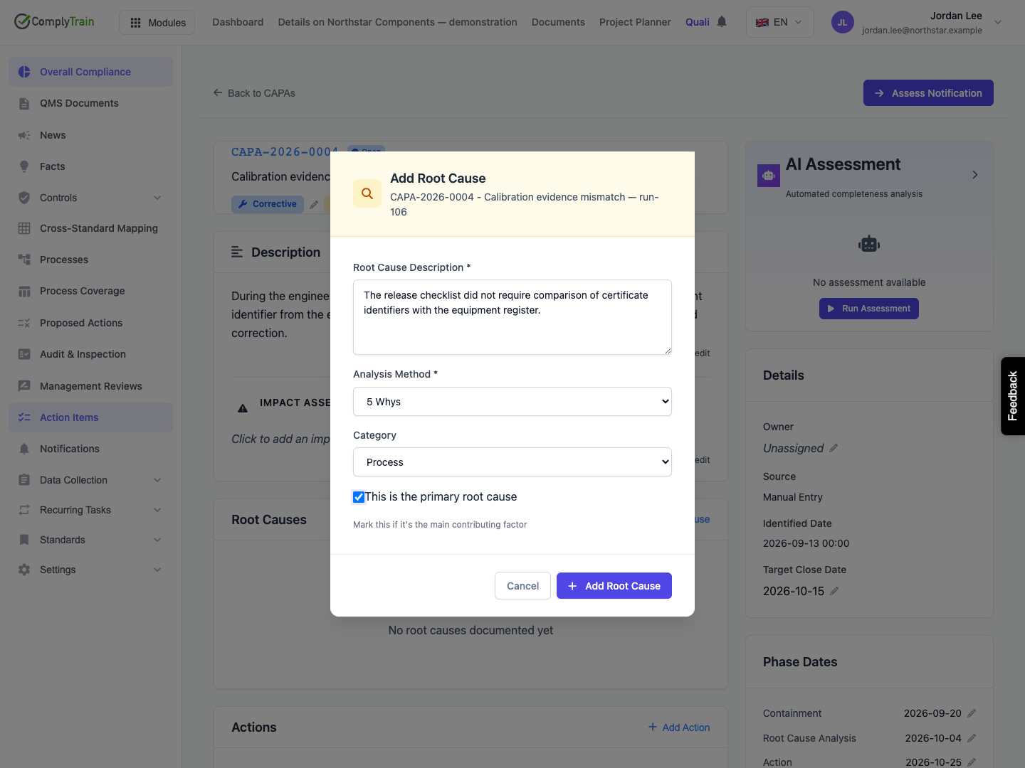 Record a primary cause and analysis method The description, 5 Whys method and Process category are entered before the separate Add Root Cause save action.