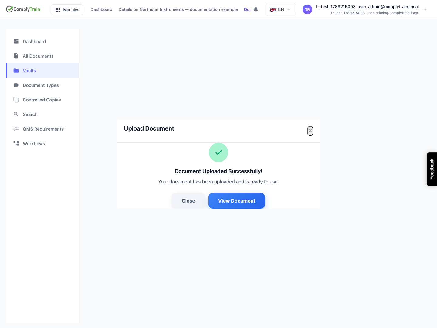 Open the uploaded record The success panel offers View Document. Continue to the record and verify its file information.