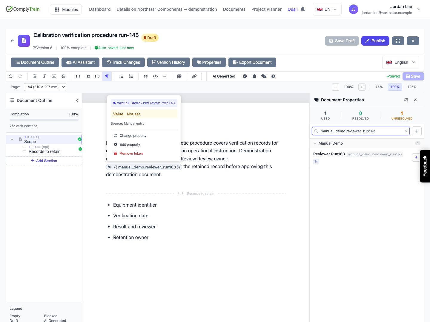 An unresolved token shows its code and Not set. Edit property opens the matching shared record in Settings.