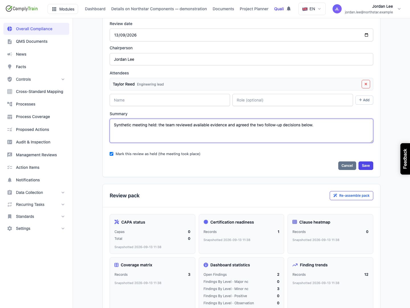 Record that the meeting took place The edited summary and selected Held checkbox are ready to save. This action remains separate from review closure and signature.
