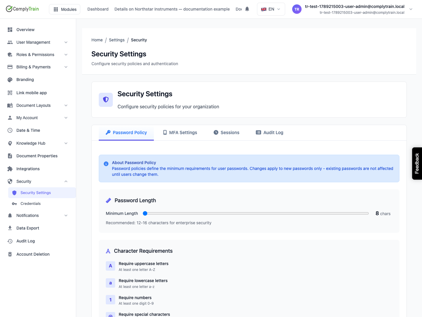 Review password rules The upper part of the policy page shows minimum length and character requirements. Scroll to review the remaining controls before saving.