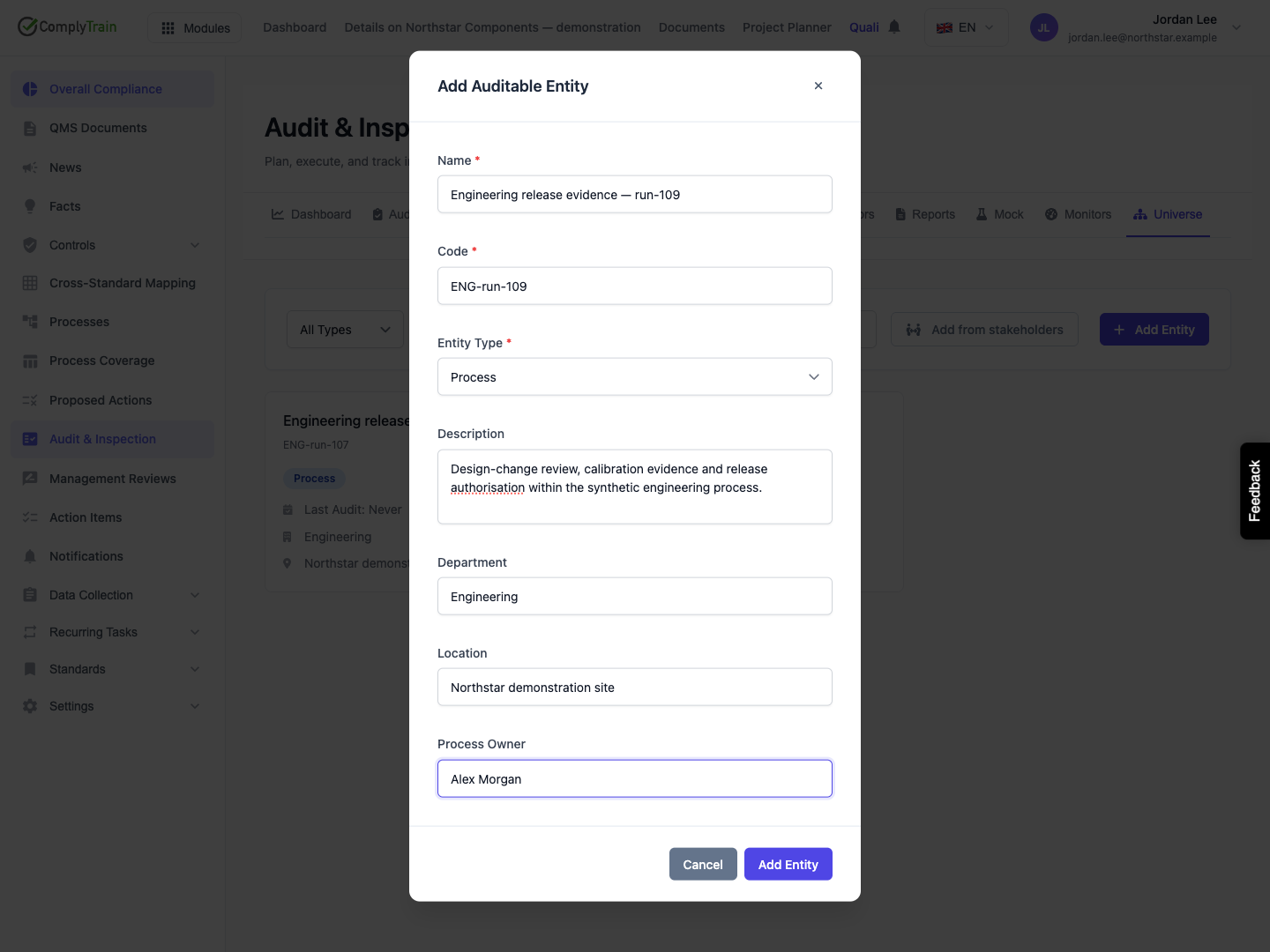Define an auditable process The form identifies the process and its scope. The visible Process Owner text does not establish a saved owner assignment in this release.