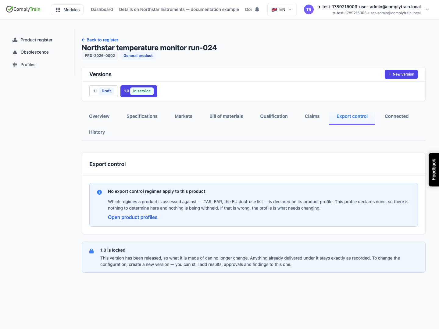 The profile declares no export-control regimes. This screen is a configuration state, not an independent classification decision.