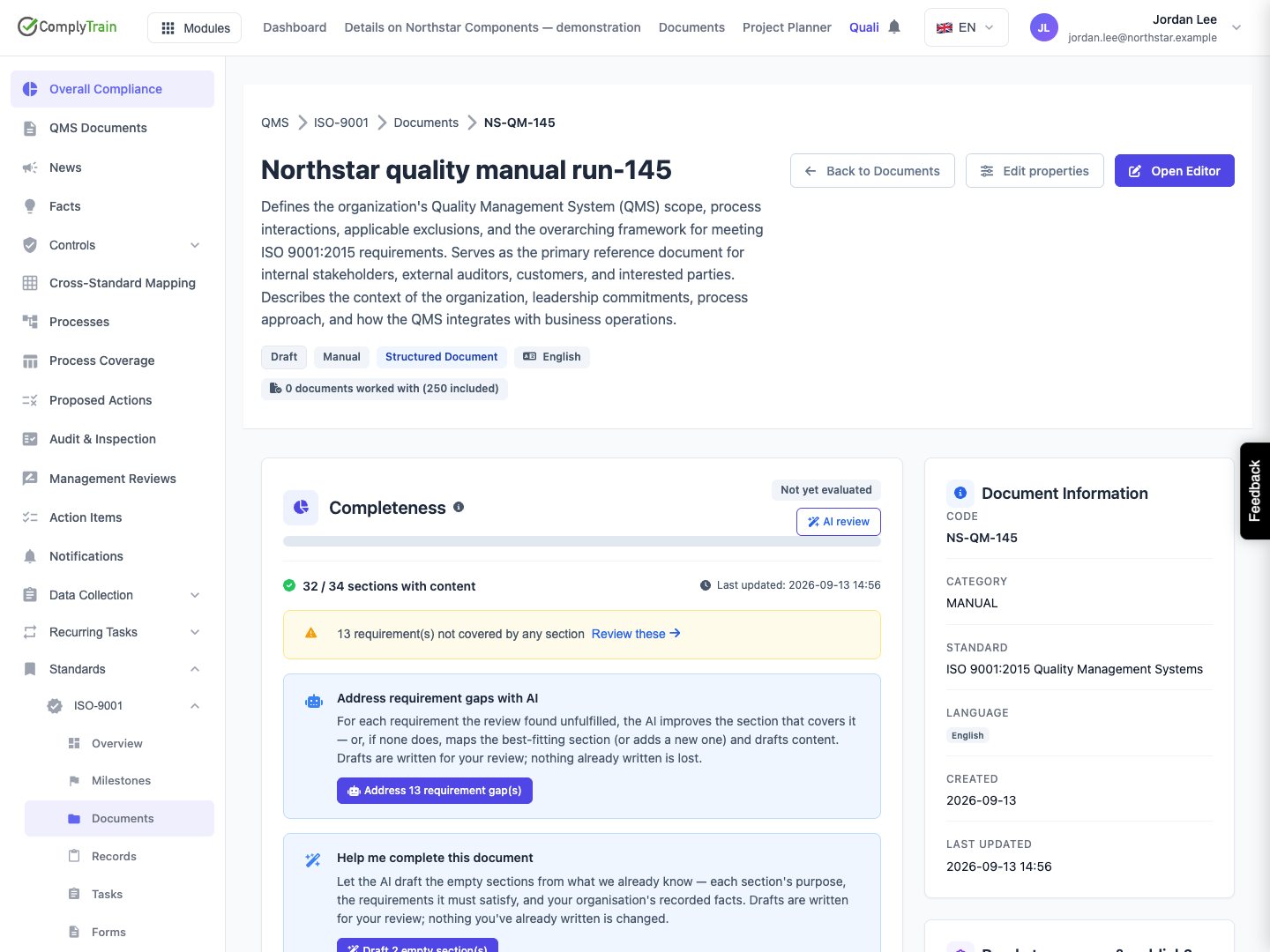 Created template-derived draft The saved name/code remain after reload. The 32/34 detail count includes template boilerplate and does not mean 32 authored sections.