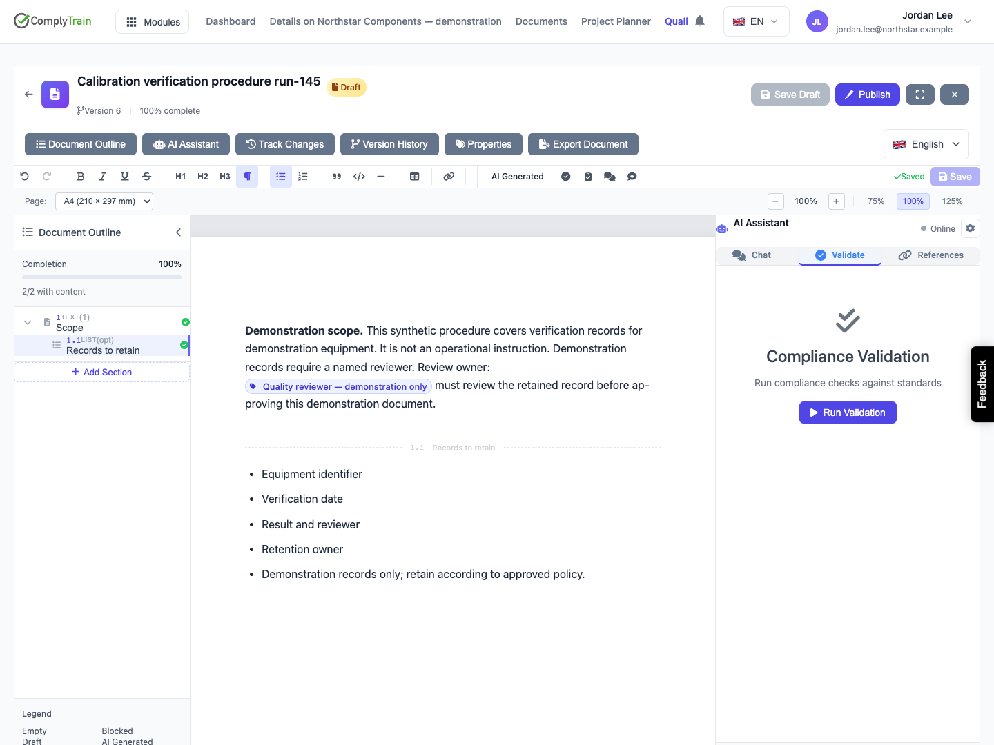 Start the saved-content quality check The panel calls this Compliance Validation. Its released behavior is a keyword-based section quality check.
