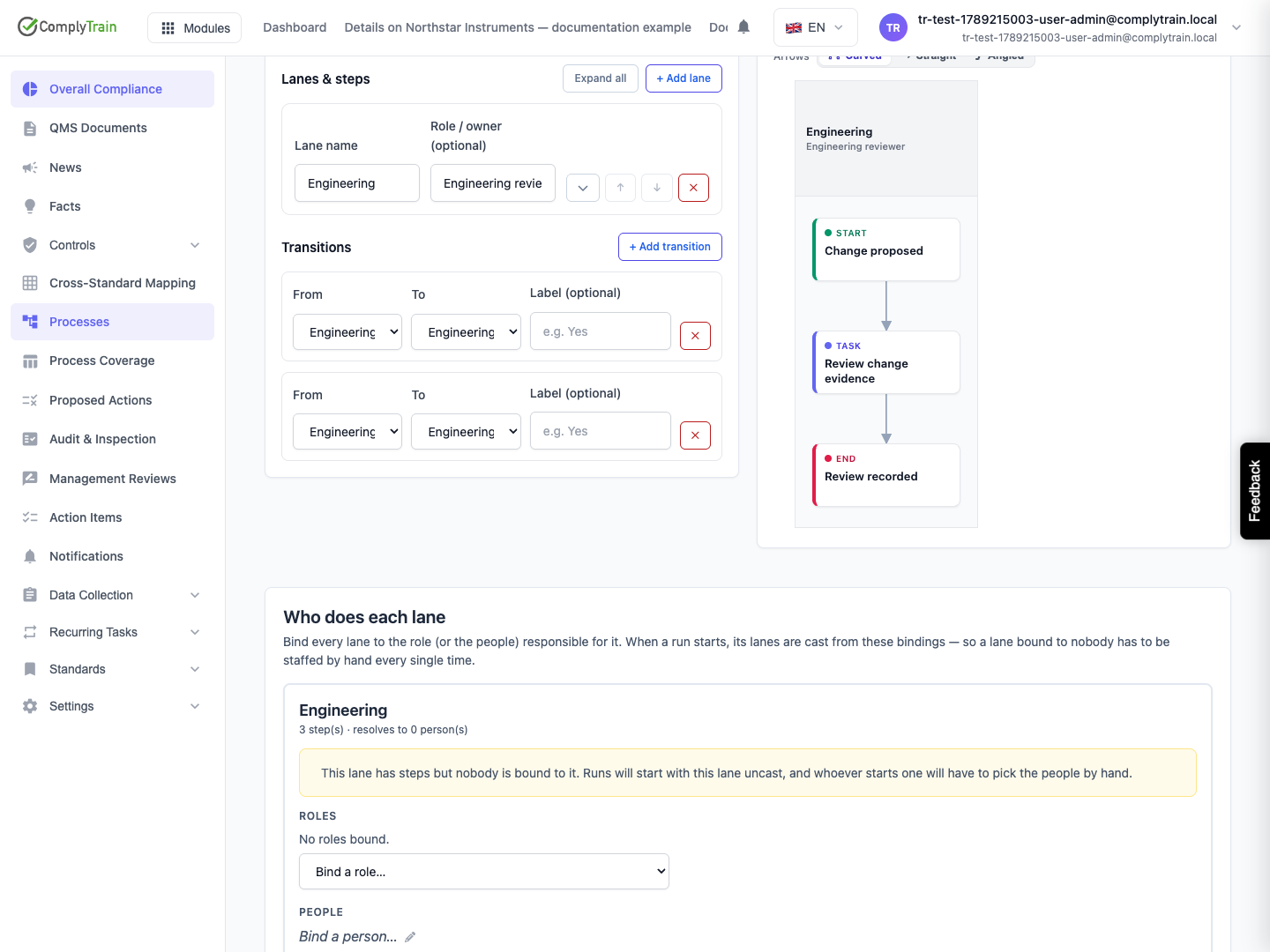 Read the complete saved process map The saved draft has a start, manual evidence-review task and end. Its Engineering lane still resolves to no people; bind the responsible role or people before relying on automatic casting.