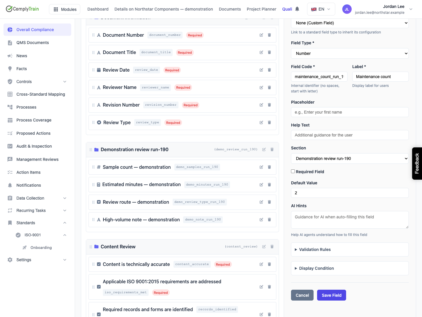 Move an unsectioned question to a section Select the destination in the field editor, then Save Field. This reassignment is confirmed by a fresh definition read-back.