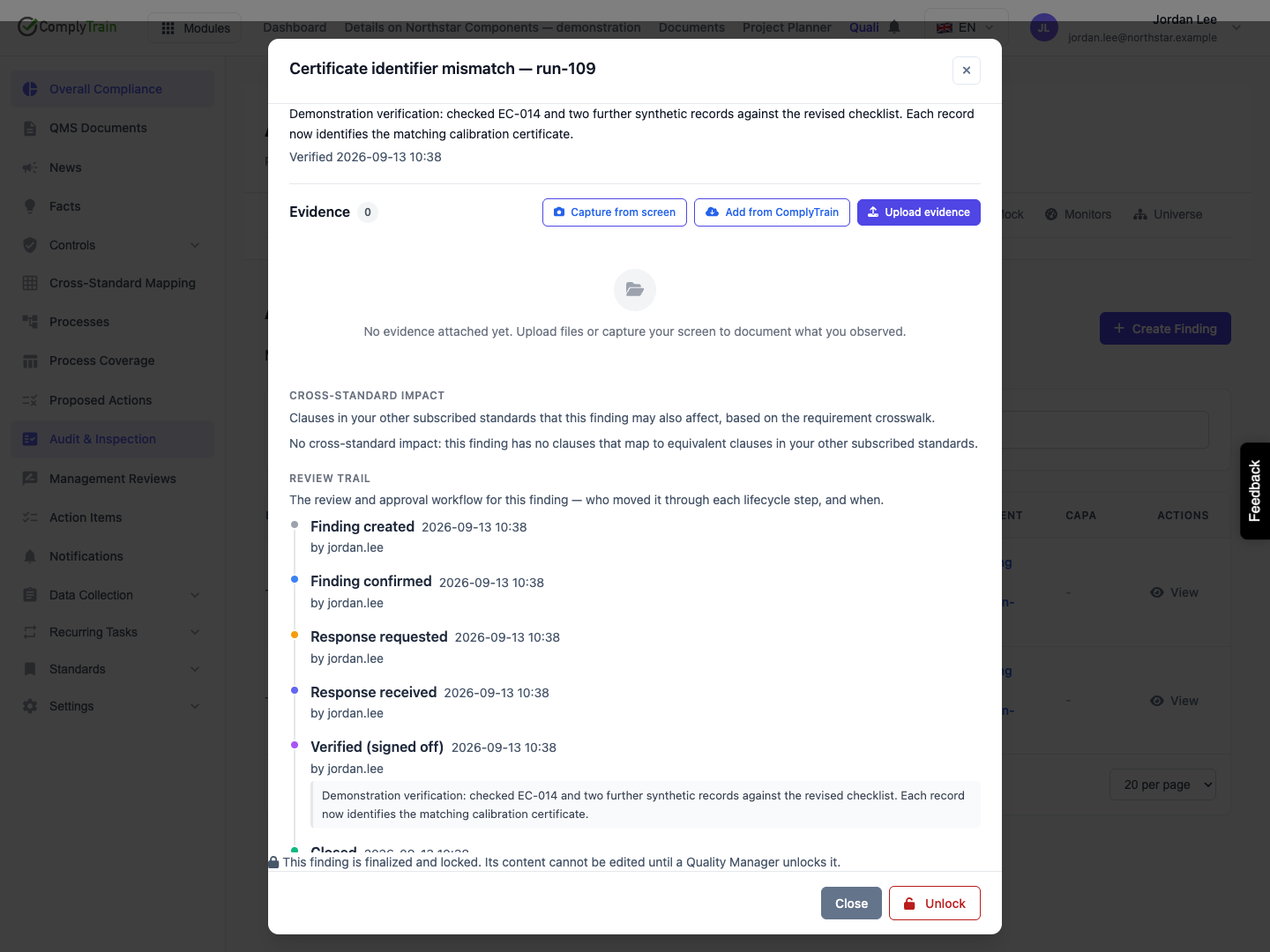 Read the sequence of review decisions The visible trail shows creation, confirmation, response and verification with the acting user. Closure continues below the current scroll position.