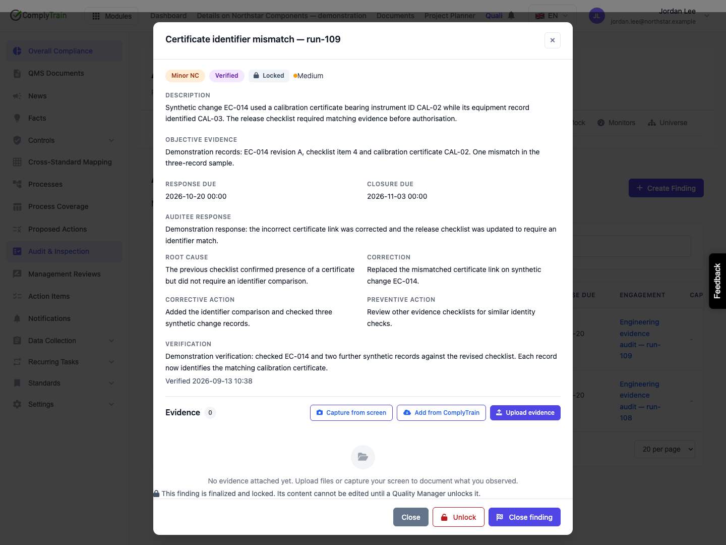 Inspect Verified and Locked The saved verification note appears with the lock. Close finding remains available as a separate lifecycle decision.