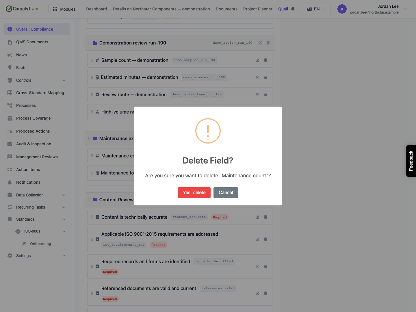 Confirm the intended field The dialog names Maintenance count. Confirming still runs dependency checks before removing the field.