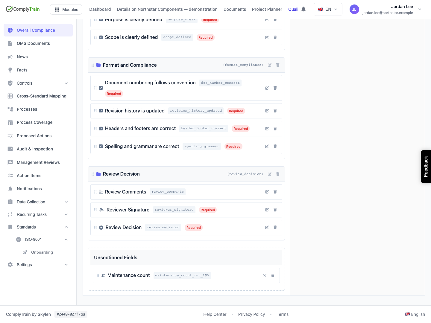 Find the question under Unsectioned Fields After deletion and reload, Maintenance count keeps its original field ID and remains available without a section.