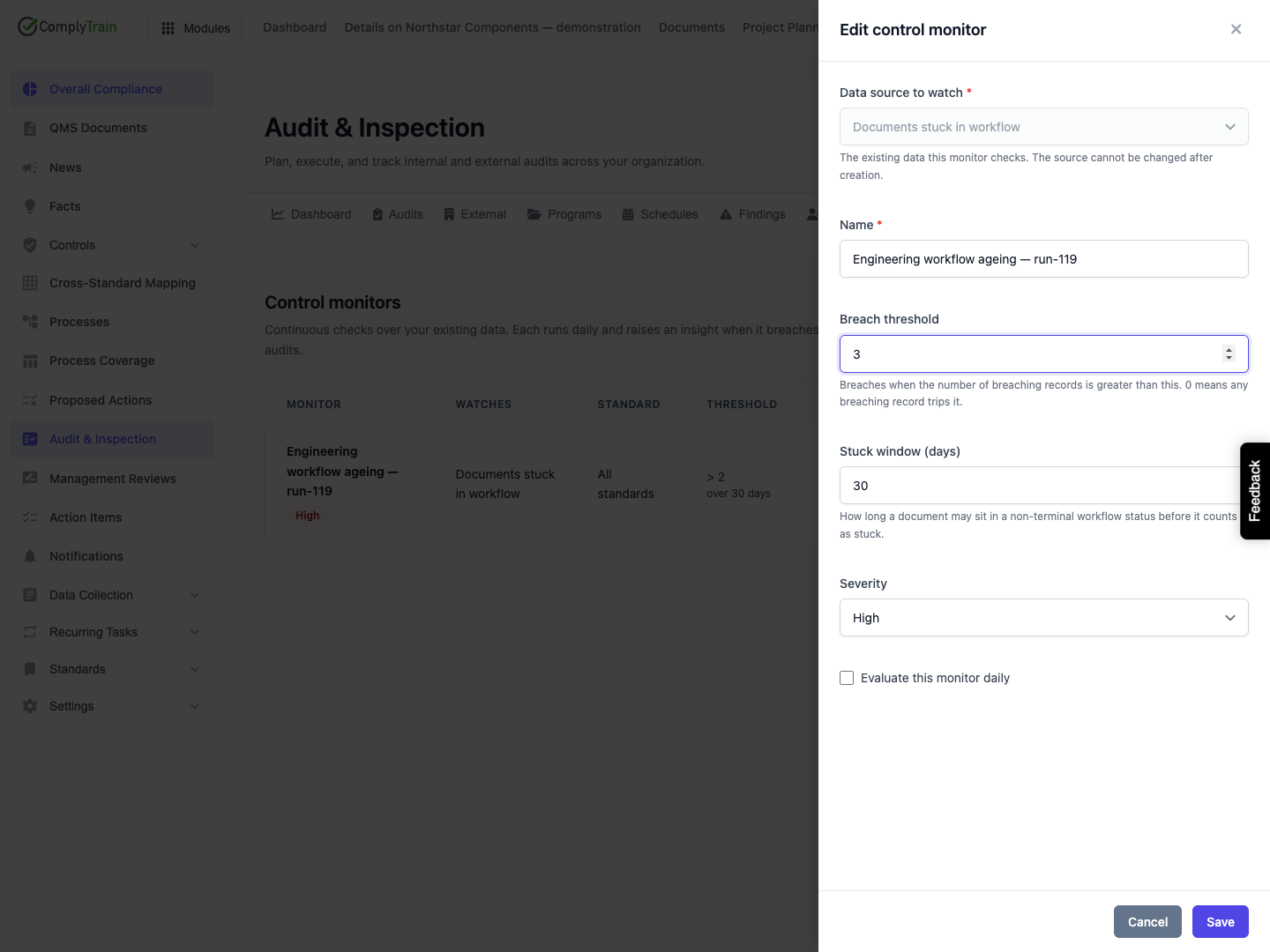 Change the threshold with the source fixed The edit form permits a new threshold of three while the saved source remains disabled for editing.
