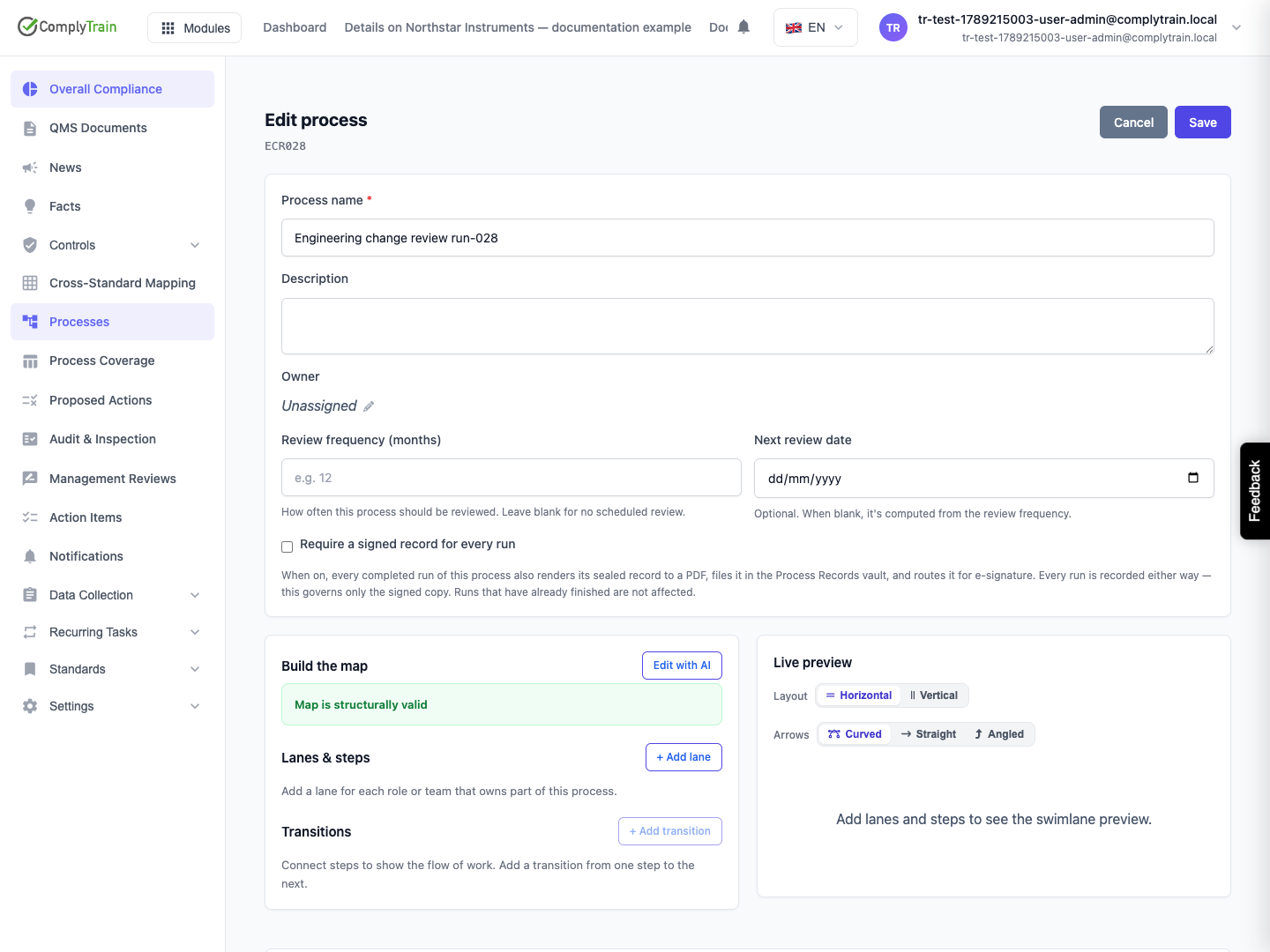 Inspect the new process editor The saved process has ownership and review settings, a map builder and a live preview. Its map is still empty.