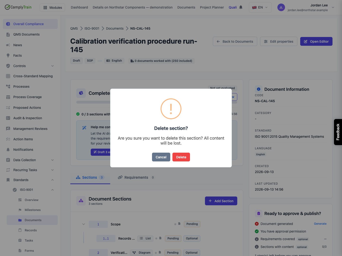 Review section deletion Read the content-removal confirmation before choosing Cancel or Delete.