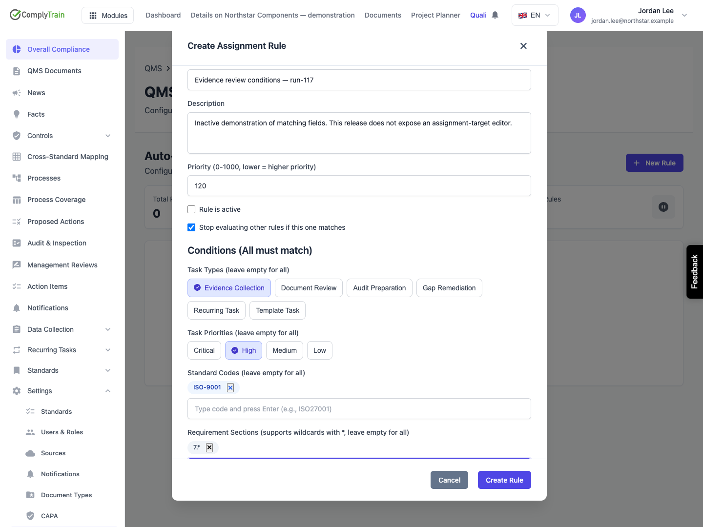 Prepare an inactive matching rule The example records priority 120, Stop on Match, one task type, one task priority and standard/section tokens. Rule is active remains clear.