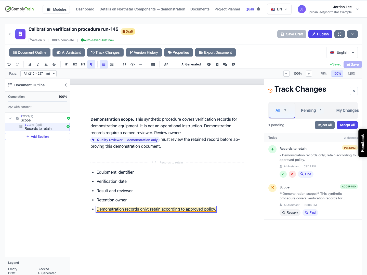 The document location is highlighted while the change remains Pending.