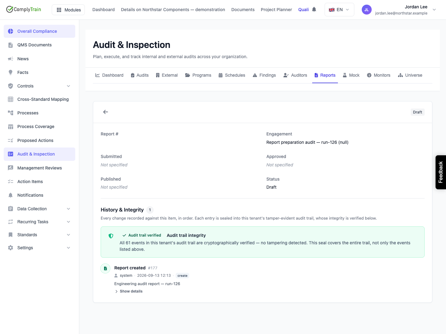 Understand the blank heading after refresh The refreshed detail has a blank title and Draft state. Its creation event still names the report, and dedicated read-back retains its title and audited standard.