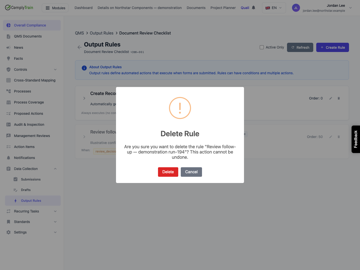 Check the scope before deleting The confirmation identifies the entire rule. This demonstration selects Cancel and verifies that the inactive rule and its action remain.