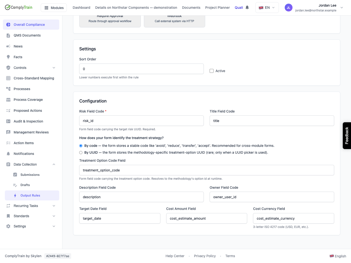 The code mode expects the form answer to contain a treatment strategy such as avoid. All field mappings are visible, including owner, target date and costs.